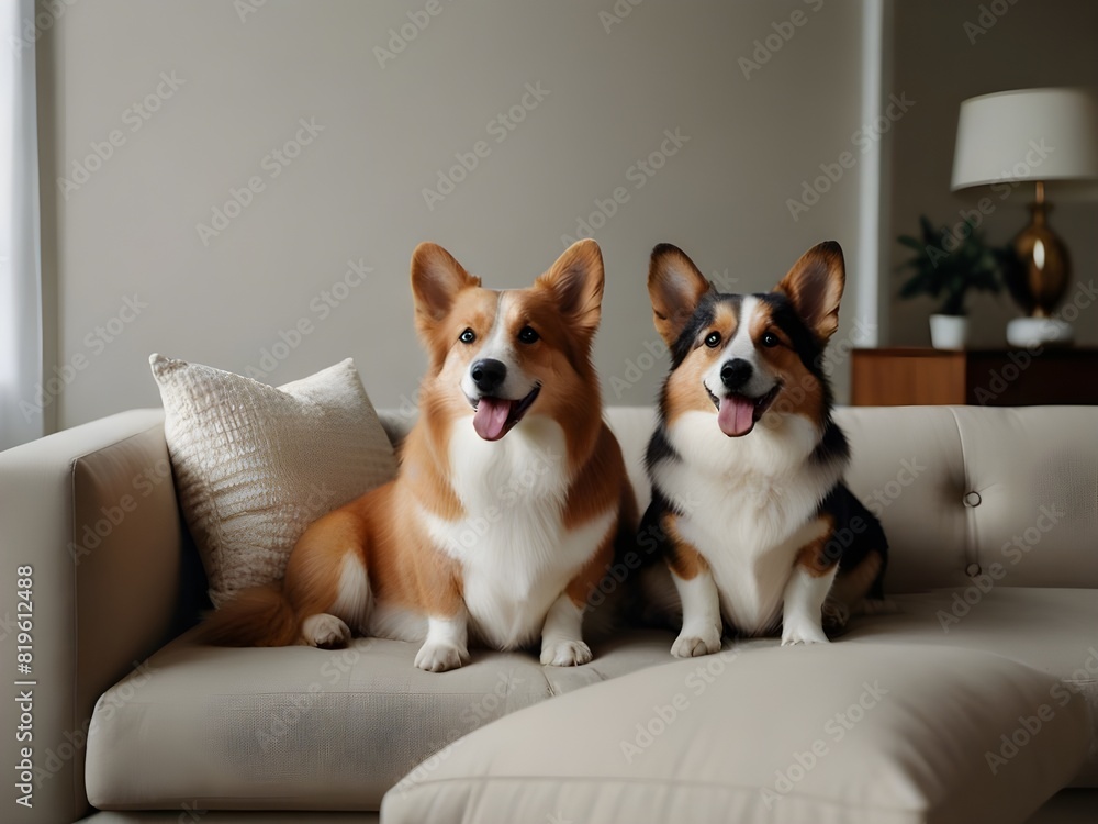 2 cute corgi dogs portrait sitting on a couch in a living room with plain wall. Warm family pet photo. 2 cute corgi dogs portrait sitting on a couch in a living room with plain wall. Warm family pet photo.