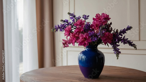 Bouquet of pink and violet flowers in a white jug on a table. 