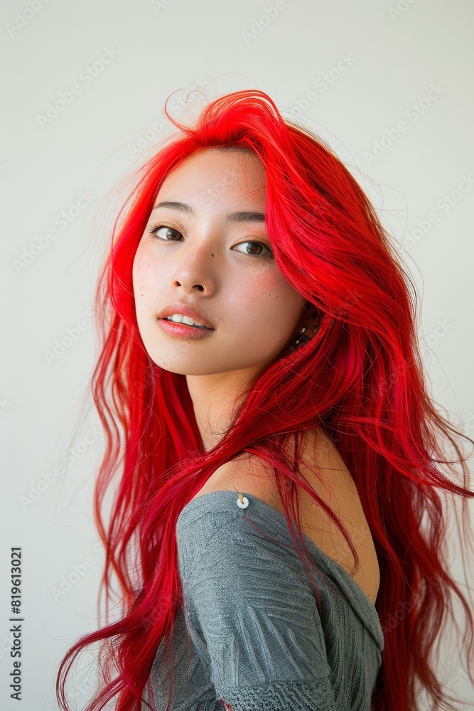 赤の髪色のファッショナブルな日本人女性(ヘアモデル・ヘアカタログ・美容室) 赤の髪色のファッショナブルな日本人女性(ヘアモデル・ヘアカタログ・美容室)