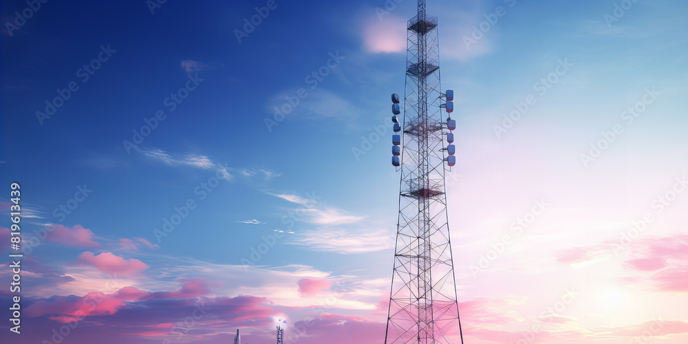 Antenna tall tower for mobile phone signal in the landscape, Telecommunication cellular tower in sunset sky.. Antenna tall tower for mobile phone signal in the landscape, Telecommunication cellular tower in sunset sky..