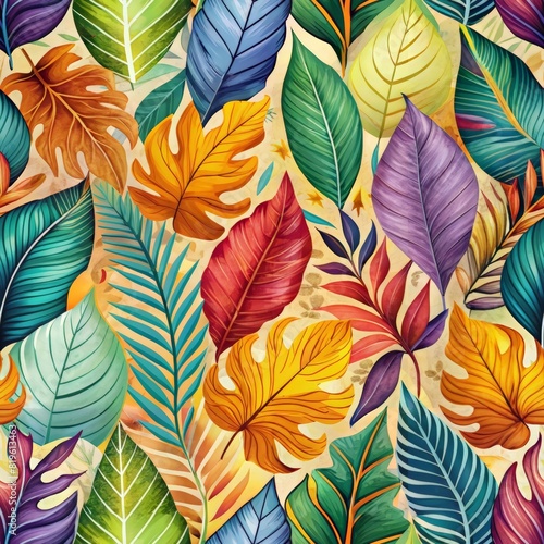 Colorful bright abstract leaves in seamless pattern