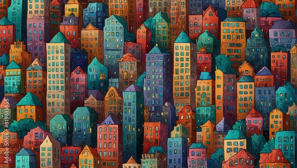 Fototapeta premium illustration of a city view with many beautiful colorful tall buildings made by AI generative