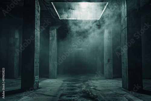 Mysterious dark corridor with dim lights and eerie atmosphere with smoke and dim light