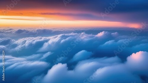 Flight high above the clouds during sunset or sunrise. Aspirations and climate background concept of heaven and heavenly space and freedom in colorful evening or morning panoramic cloudscape