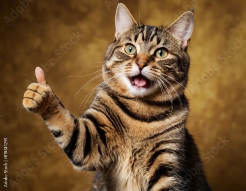 A cat is giving thumbs up on a yellow background