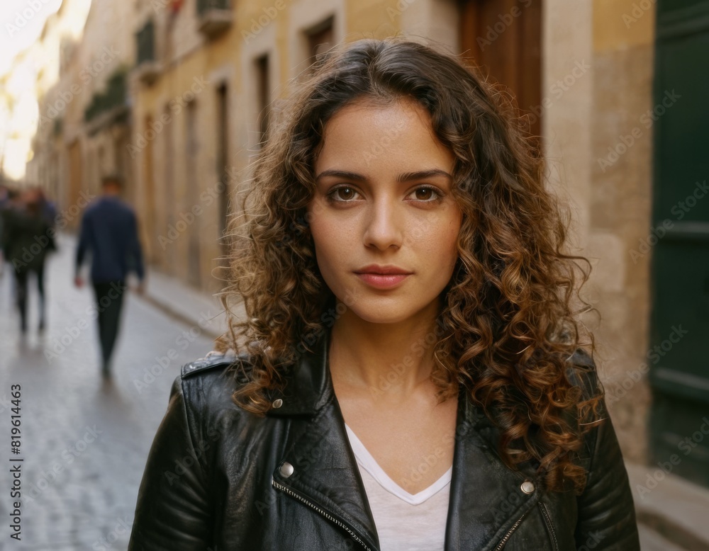 A woman with curly hair is standing in front of a building