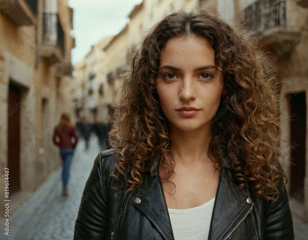 A woman with curly hair is standing in front of a building