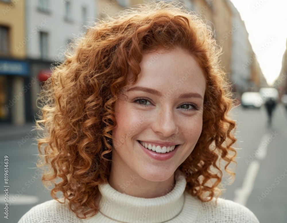 A woman with red hair is smiling and wearing a white sweater A woman with red hair is smiling and wearing a white sweater