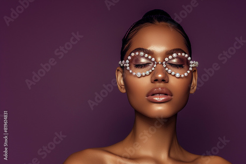 Fashion portrait of a stylish woman with pearl-encrusted eyeglasses, showcasing a luxurious and elegant look against a solid dark purple background