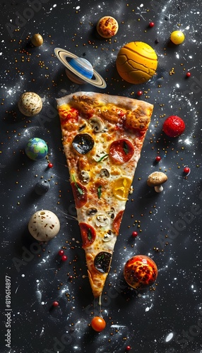 Cosmic Pizza Slice Floating in Celestial Universe with Planets and Galaxies