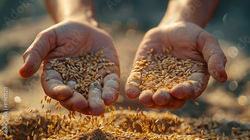 left and right human hands, fingers entwined, hold grains of wheat pouring down