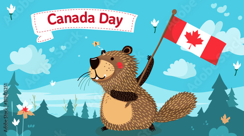 copy space, vector illustration, beaver holding canadian flag, text " Canada Day". Beautiful design for Canada day, banner, background, mockup.