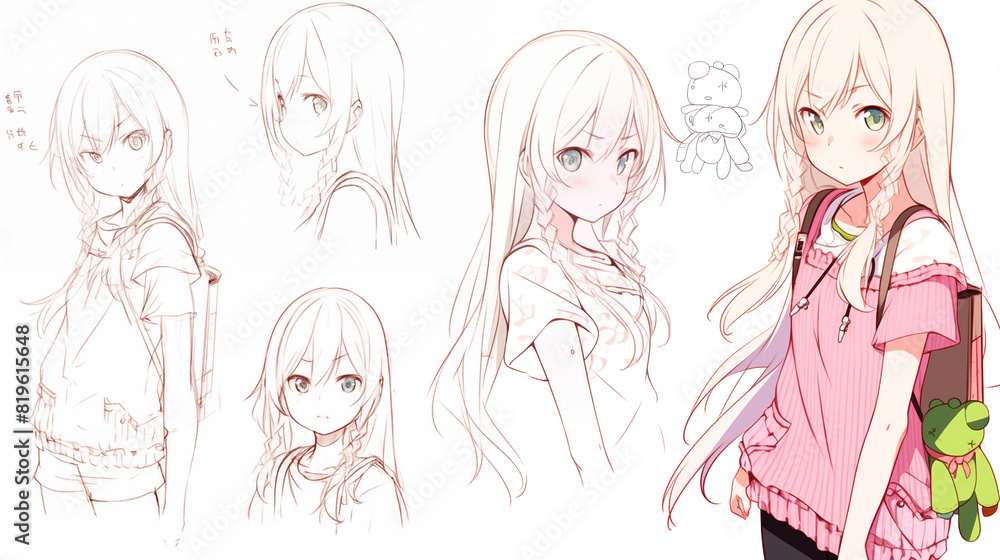 Hand drawn line art of an anime girl in multiple poses and finished digital illustration Hand drawn line art of an anime girl in multiple poses and finished digital illustration