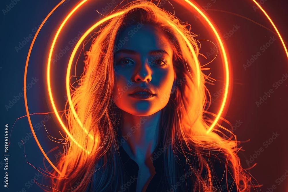 beautiful woman with long hair, illuminated face and body in orange neon light on dark background, glowing lines of energy around her head, looking straight into