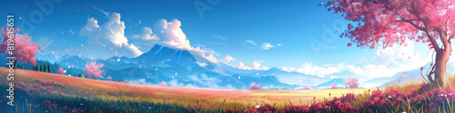 Anime style wide panorama view of Japan spring nature with pink cherry blossom and mountains in the background