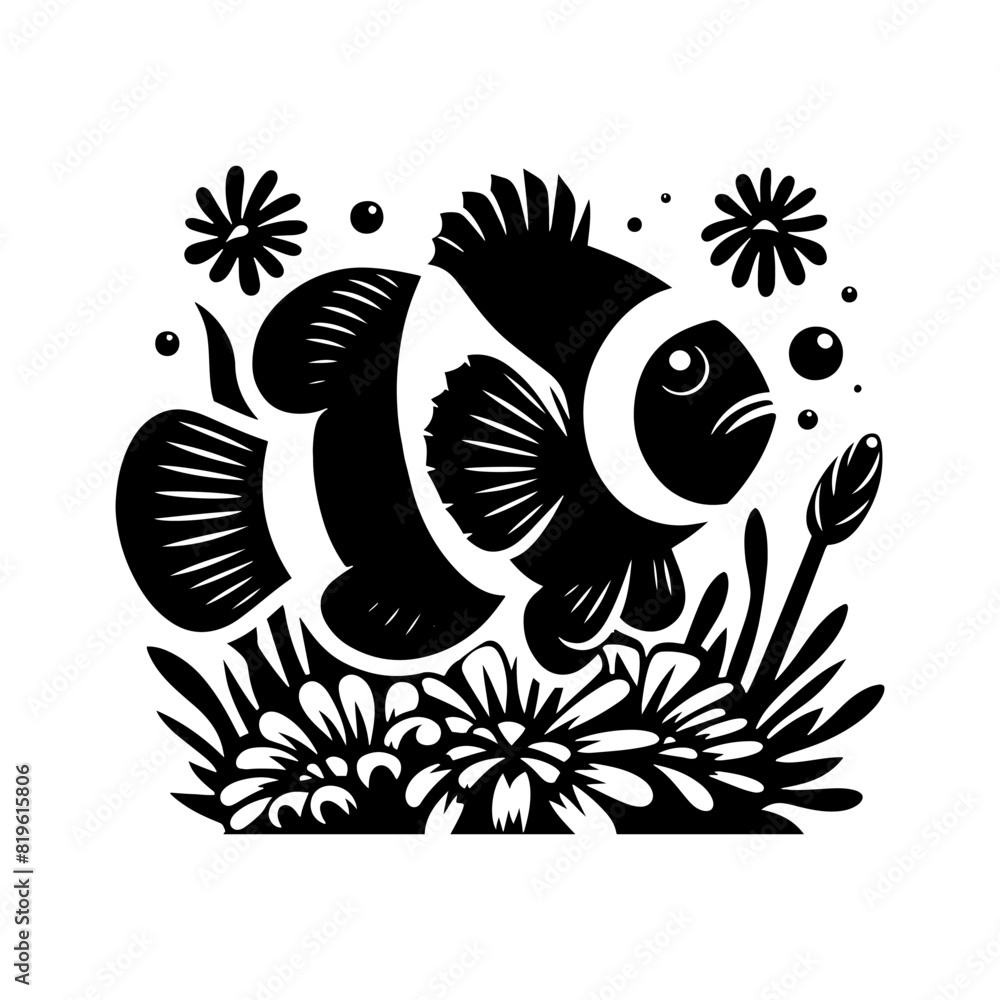 Fototapeta premium Coastal Clownfish Silhouette - Seashore Chic in Vector Style - clownfish illustration