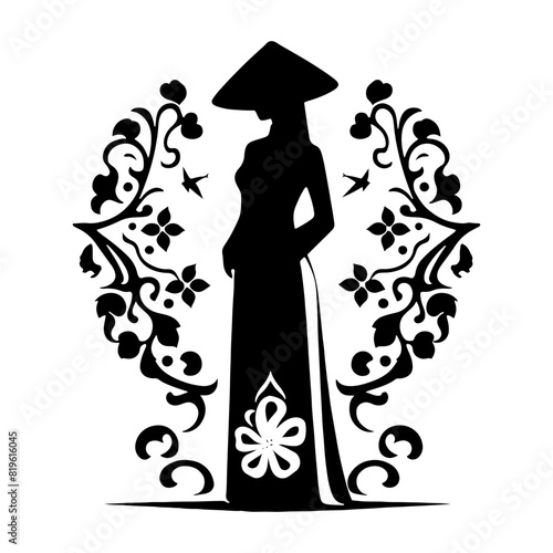 AODAI Silhouette: Captivating Vector Art Illustrating Traditional Elegance and Cultural Significance of Indigenous Southeast Asian Attire- Minimalist AODAI  Vector- AODAI  Illustration.