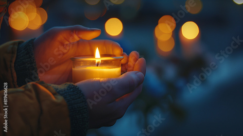 A person's hands holding and protecting a candle