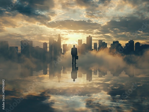 Silhouette of a businessman with a briefcase standing in a foggy cityscape at sunrise, reflecting on water.