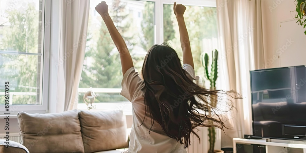 Rear view of a joyful girl dancing freely in her home. The bright and airy living room has large windows, a comfortable sofa, and green plants, creating a lively and happy atmosphere. Rear view of a joyful girl dancing freely in her home. The bright and airy living room has large windows, a comfortable sofa, and green plants, creating a lively and happy atmosphere.