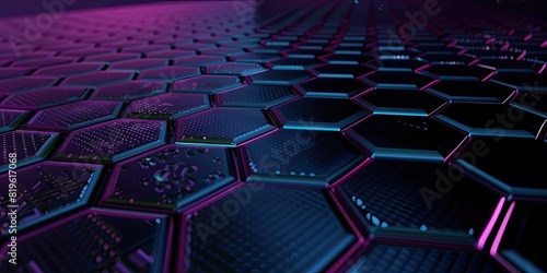 Futuristic tech abstract background featuring a hexagonal pattern with glowing edges in blue and purple hues. The surface appears metallic and digital, creating a high-tech, modern aesthetic. photo