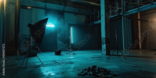 Film shooting location in an industrial setting, featuring professional lighting equipment and a dark backdrop. A moody atmosphere, highlighting the preparation for a film shoot. photo