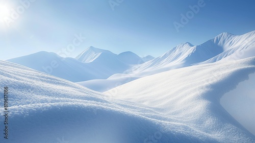 A snow-covered mountain range under a clear blue sky  with sunlight glinting off the pristine white slopes in a winter wonderland scene. 32k  full ultra HD  high resolution