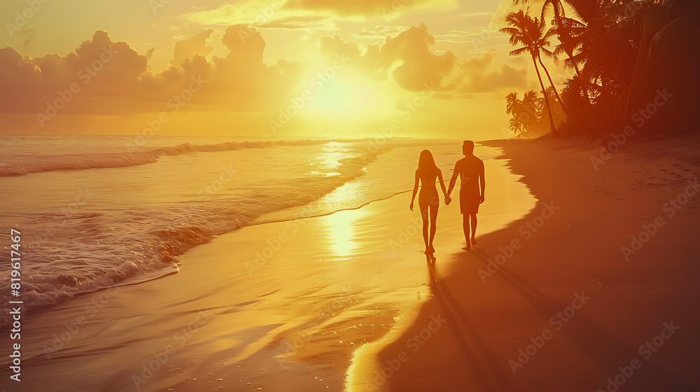 Couple walking on the beach at sunset, holding hands