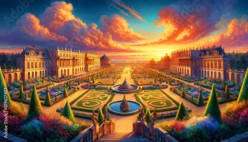 Palace of Versailles at sunset, the grand architecture is beautifully depicted with lush greenery, flower beds and elegant fountains photo