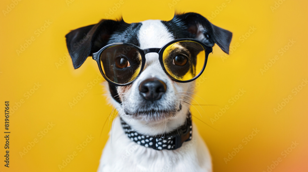 Cute dog with glasses on yellow background. A small, cute dog wearing glasses, standing against a bright yellow background, creating a playful and fun image. Cute dog with glasses on yellow background. A small, cute dog wearing glasses, standing against a bright yellow background, creating a playful and fun image.