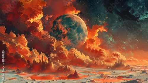 A dramatic scene of wildfires burning across Earth s surface  with smoke rising into a vibrant red and orange sky