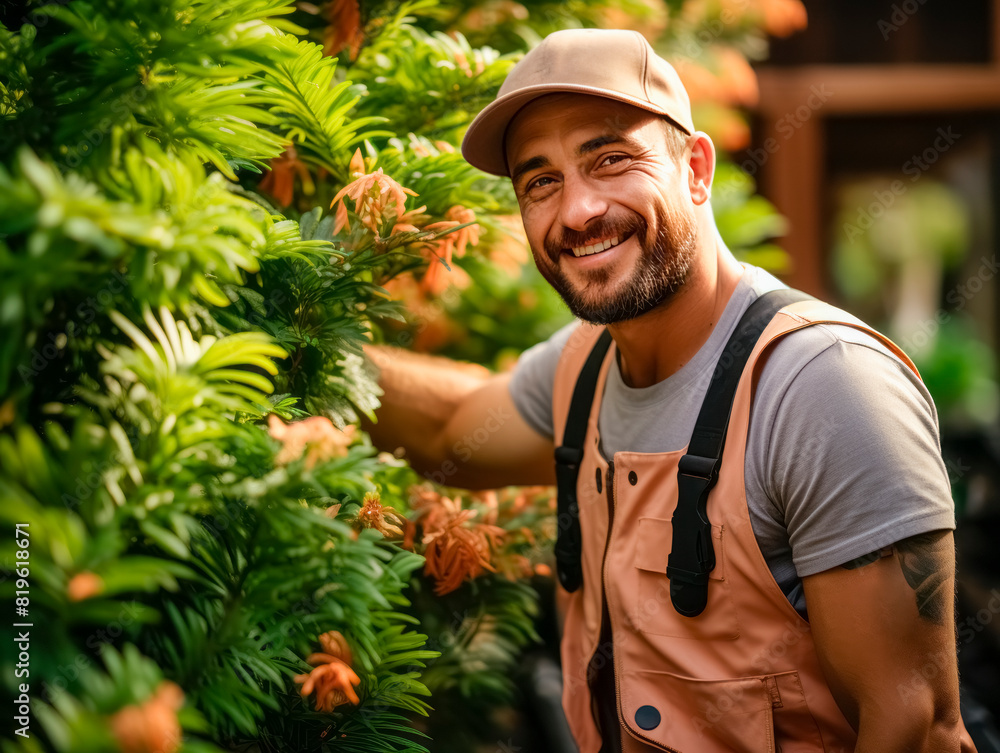 A smiling man wearing a cap and apron gardening, lush green plants, blurred natural background, concept of happy gardening. Generative AI A smiling man wearing a cap and apron gardening, lush green plants, blurred natural background, concept of happy gardening. Generative AI