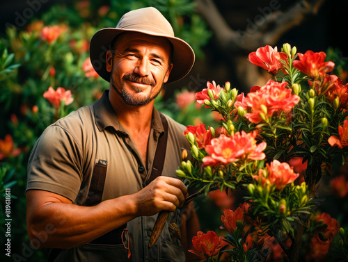 A smiling man in a hat tending to vibrant red flowers, set against a natural background, conveying a gardening concept. Generative AI