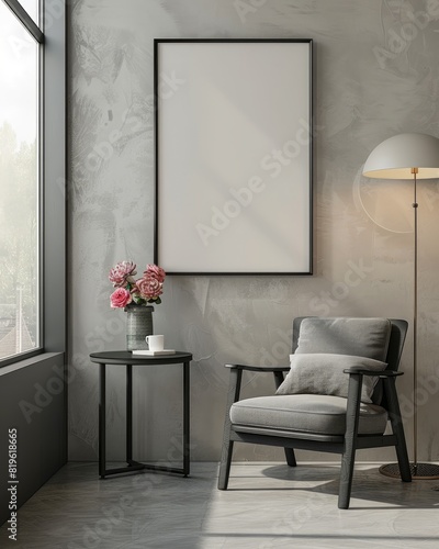 3D render Frame mockup, blank paper. Living room wall poster mockup. Sacndinavian style. Interior mockup with house background. Modern Interior design.
