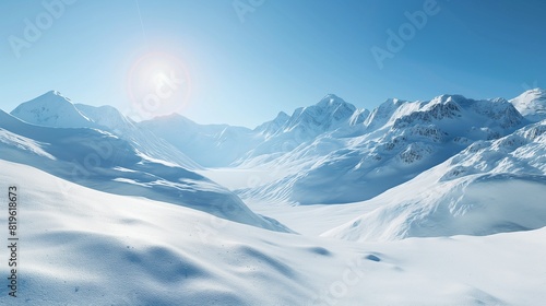 A snow-covered mountain range under a clear blue sky, with sunlight glinting off the pristine white slopes in a winter wonderland scene. 32k, full ultra HD, high resolution © Seloo