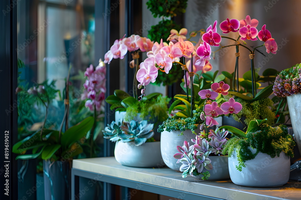 Phalaenopsis Orchid pink flowers on the counter in the store. Many flowering plants, banner Phalaenopsis Orchid pink flowers on the counter in the store. Many flowering plants, banner