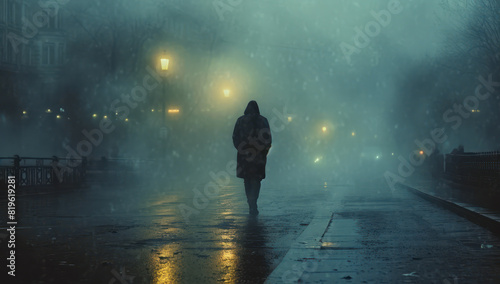 Loneliness Concept. Retired Man Walking in the Fog Street extreme closeup. Generative AI
