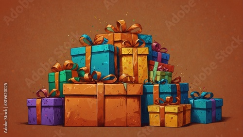 illustration of a pile of colorful gifts of various sizes made by AI generative