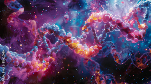 a glowing double helix of pink and blue DNA strands floating in a starry purple space. photo