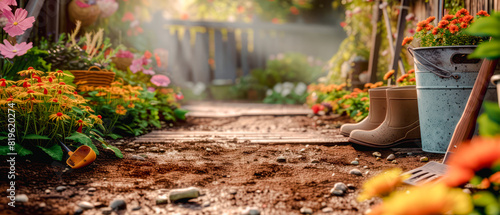 A beautiful garden pathway with flowers  gardening boots  and tools  on a sunny background  evoking a concept of gardening. Generative AI