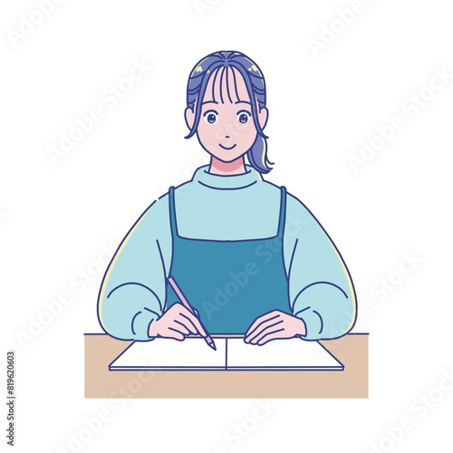 机で勉強するアニメ風の女子学生