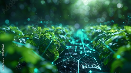 Close-up of futuristic digital farming technology integrating with crops, representing advanced precision agriculture in a lush green field. photo