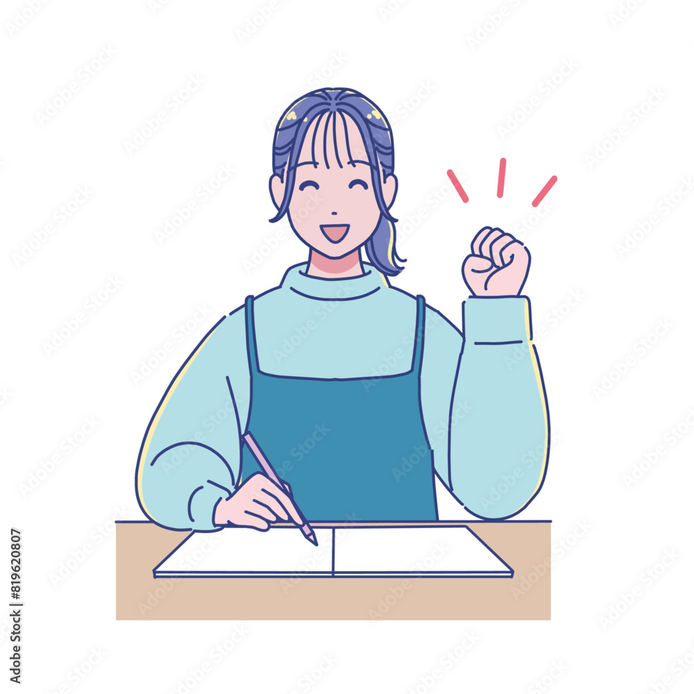 Fototapeta premium 机で勉強するアニメ風の女子学生