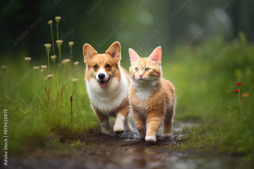 Red cat and corgi dog friends walk on a summer meadow under warm raindrops Red cat and corgi dog friends walk on a summer meadow under warm raindrops
