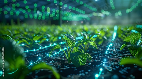 Close-up of modern indoor hydroponic farm with vibrant plants and glowing LED lights, demonstrating high-tech agricultural innovation.