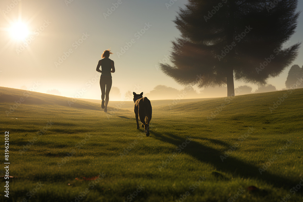 Woman running along a grassy path with her two dogs. Rear view if getting legs with both dogs in view. Morning light creates shadows in the atmosphere