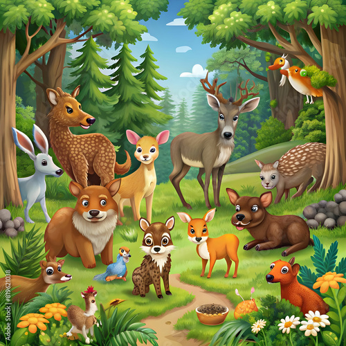 Many cute animals in the forest