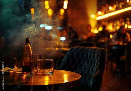 closeup photo of interior modern lounge with smoke in the air, empty velvet seating and table 