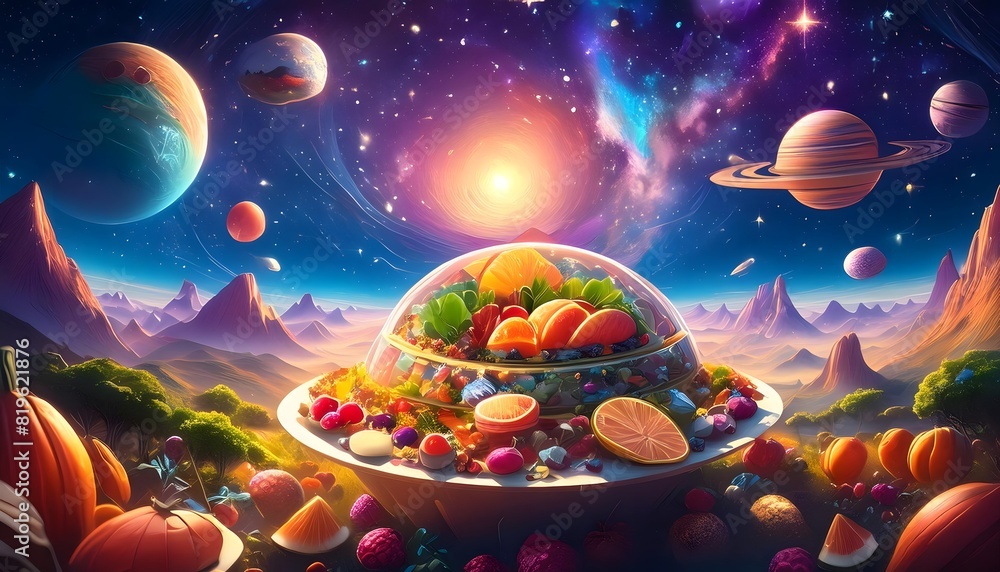 A fantasy world rich in fruit and other foods, featuring a nighttime atmosphere where the sky is filled with stars and planets with beautiful sky colors