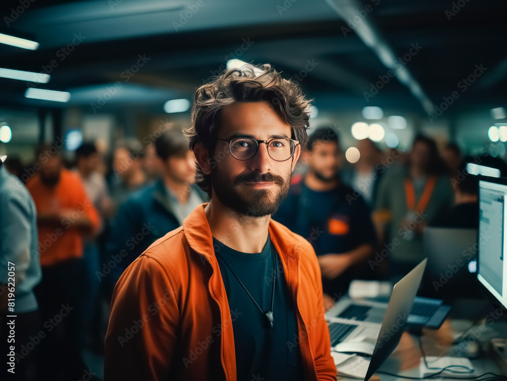 A smiling man in an orange jacket at a laptop with people in the background, office environment, concept of teamwork. Generative AI A smiling man in an orange jacket at a laptop with people in the background, office environment, concept of teamwork. Generative AI